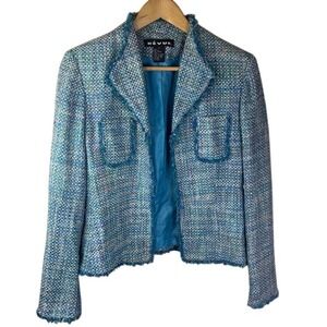 Revue Boucle Fringed Silk Tweed Womens Blazer Preppy Size 6 Turquoise Office Y2K